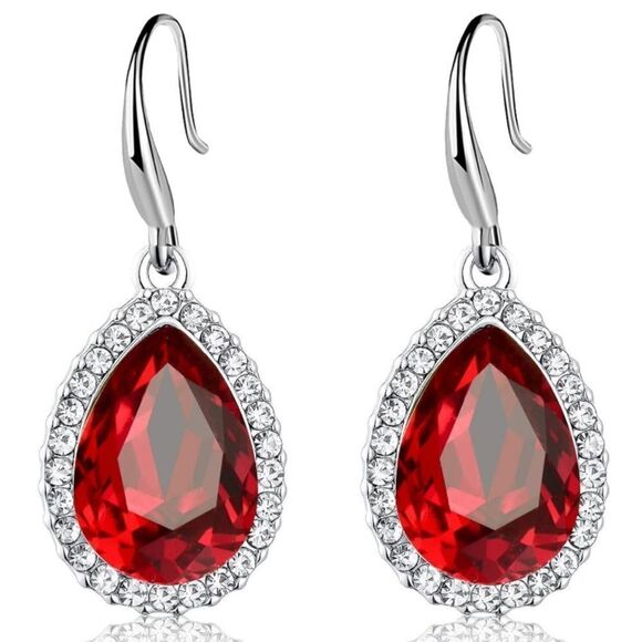 14K White Gold with Ruby Red Austrian Crystal Teardrop Halo Drop Hook Earrings